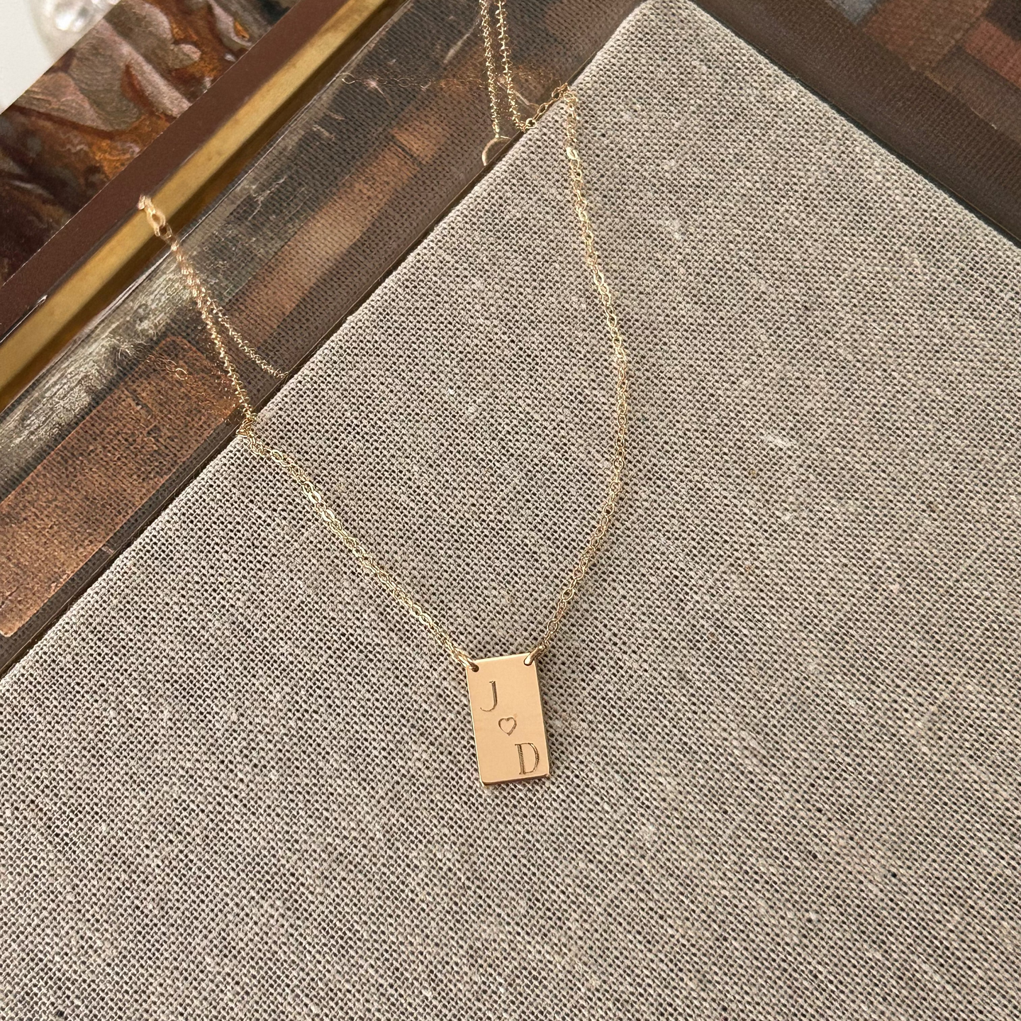 14K Vertical Engraved Bar Necklace | Solid Yellow Gold | Initials with Heart | Custom Personalized Jewelry